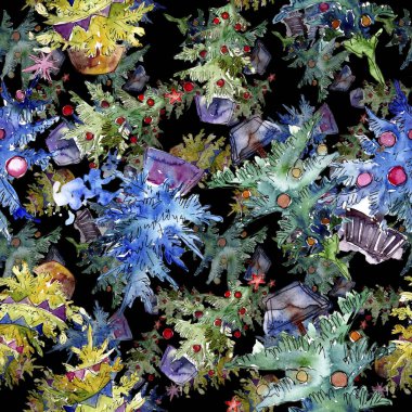 Noel ağacı kırmızı biblo ve garland ile dekore edilmiştir. Arka plan, doku, sarıcı desen için suluboya kartı.