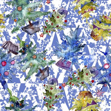 Noel ağacı kırmızı biblo ve garland ile dekore edilmiştir. 2019 domuz yıl, mutlu tatiller. Kumaş duvar kağıdı yazdırma doku. Sulu boya Noel kartı için arka plan, doku, sarıcı desen.