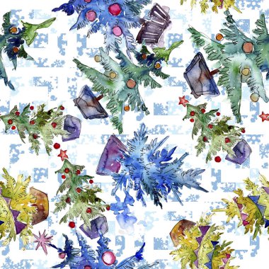 Noel ağacı kırmızı biblo ve garland ile dekore edilmiştir. Arka plan, doku, sarıcı desen için suluboya kartı.