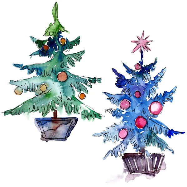 Geïsoleerde Chrismas boom in pot. Achtergrond afbeelding instellen. Aquarel tekenen aquarelle geïsoleerd. — Stockfoto