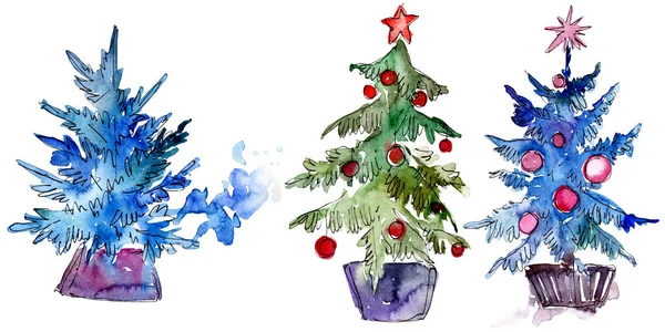 Geïsoleerde Chrismas boom in pot. Achtergrond afbeelding instellen. Aquarel tekenen aquarelle geïsoleerd. — Stockfoto