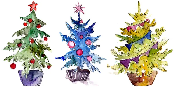 Árbol de Navidad aislado en maceta. Conjunto de ilustración de fondo. acuarela acuarela dibujo aislado . — Foto de Stock