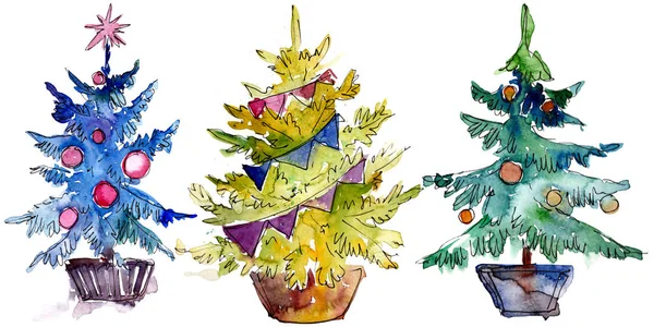 Geïsoleerde Chrismas boom in pot. Achtergrond afbeelding instellen. Aquarel tekenen aquarelle geïsoleerd. — Stockfoto