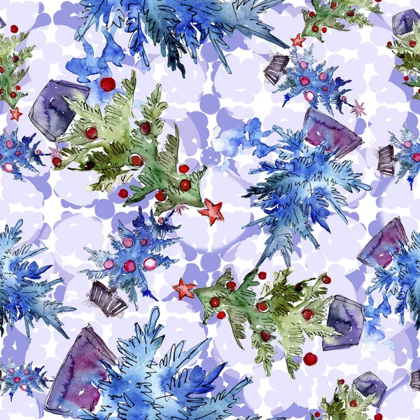 Kerstboom versierd met rode Kerstbal en garland. Aquarel kaart voor achtergrond, textuur, wrapper patroon. — Stockfoto