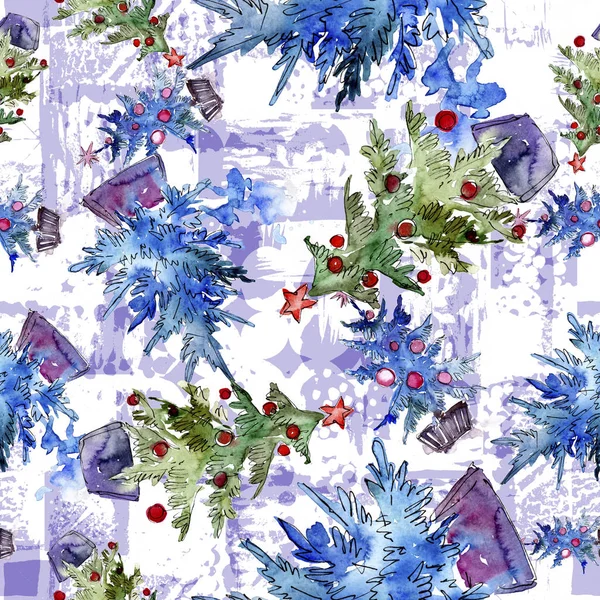 Weihnachtsbaum mit roter Christbaumkugel und Girlanden geschmückt. Aquarellkarte für Hintergrund, Textur, Wickelmuster. — Stockfoto