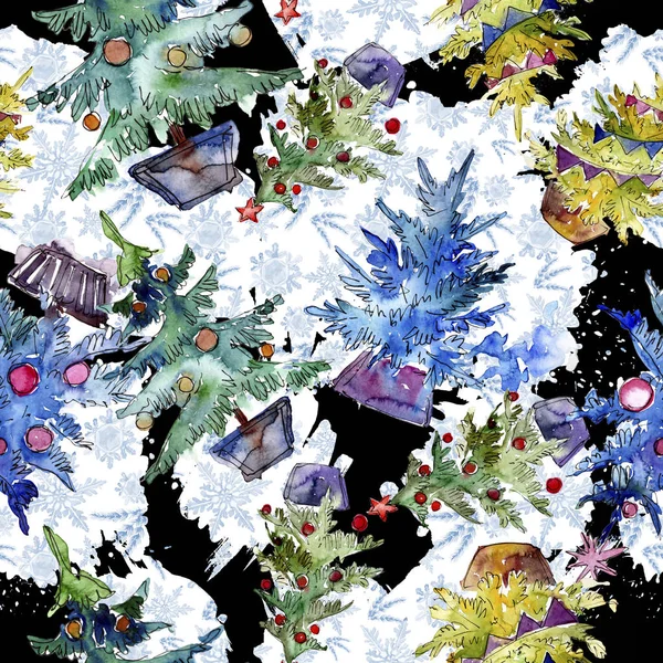 Kerstboom versierd met rode Kerstbal en garland. Aquarel kaart voor achtergrond, textuur, wrapper patroon. — Stockfoto