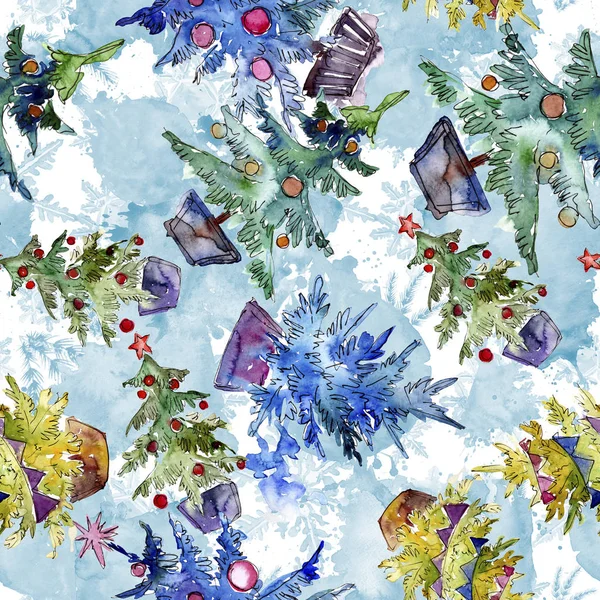 Noel ağacı kırmızı biblo ve garland ile dekore edilmiştir. Arka plan, doku, sarıcı desen için suluboya kartı.