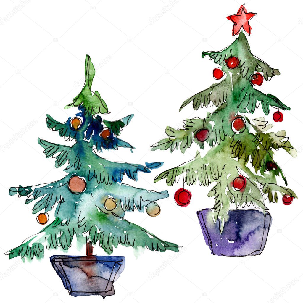 Isolated Chrismas tree in pot illustration element. Decorated with red baubles. Christmas winter holiday symbol. Background illustration set. Watercolour drawing aquarelle isolated.