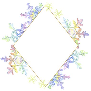 Noel snowflaks. Geometrik Kristal Mozaik şekli. Suluboya çerçeve kenarlığı süsleme Meydanı.
