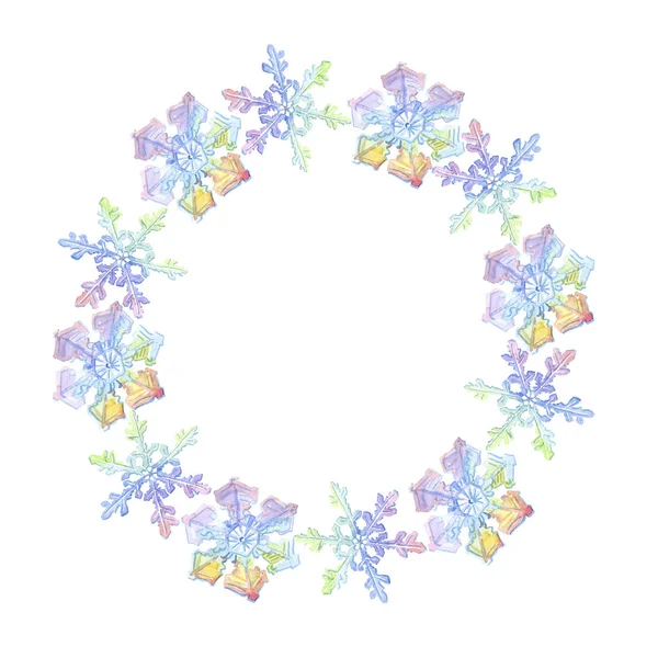 Copos de nieve navideños. Marco corona de ornamento frontera. Acuarela fondo ilustración conjunto . —  Fotos de Stock