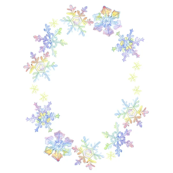 Flocos de neve de Natal. Moldura grinalda ornamento borda. Conjunto de ilustração de fundo aquarela . — Fotografia de Stock