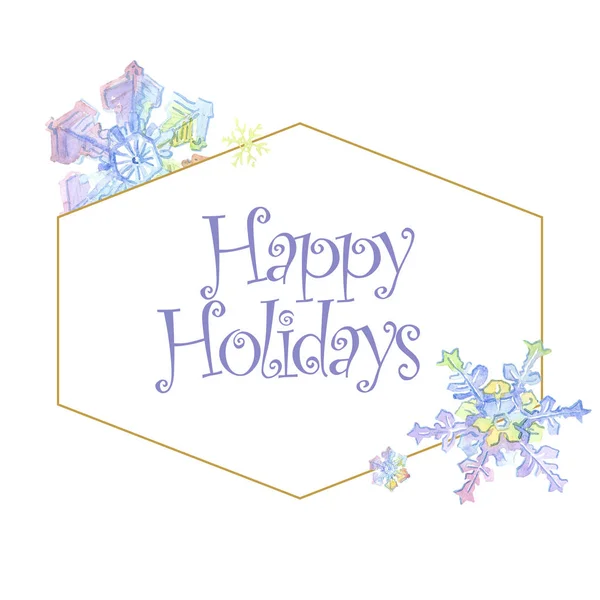 Kerst snowflaks. Happy Holidays handschrift monogram kalligrafie. Vorm van de mozaïek van kristal van de grens van aquarel frame. — Stockfoto