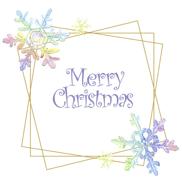 Weihnachten Schneeflocken. Frohe Weihnachten Handschrift Monogramm Kalligraphie. Aquarell Rahmen Rand Kristall Mosaik Form. — Stockfoto