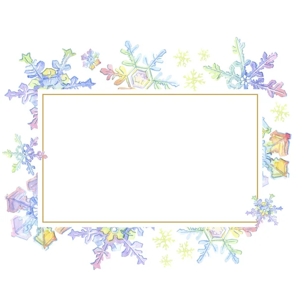 Christmas snowflaks. Geometric crystal mosaic shape. Watercolor frame border ornament square. — Stock Photo, Image