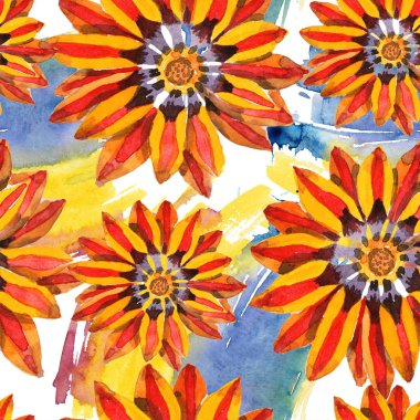 Turuncu gazania çiçek. Sulu boya Dikişsiz arka plan deseni. Kumaş duvar kağıdı yazdırma doku.