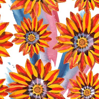 Turuncu gazania çiçek. Sulu boya Dikişsiz arka plan deseni. Kumaş duvar kağıdı yazdırma doku.