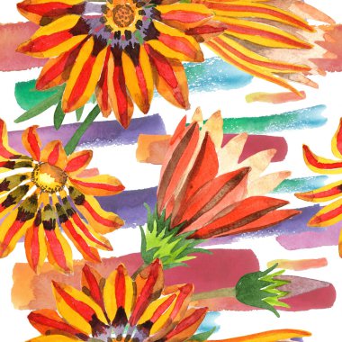 Turuncu gazania çiçek. Sulu boya Dikişsiz arka plan deseni. Kumaş duvar kağıdı yazdırma doku.
