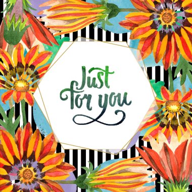 Turuncu gazania çiçek. Sadece senin el yazısı monogram hat için. Suluboya arka plan, çerçeve veya kenarlık.