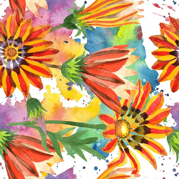 Orange gazania flower. Watercolor seamless background pattern. Fabric wallpaper print texture. — Stock Photo, Image