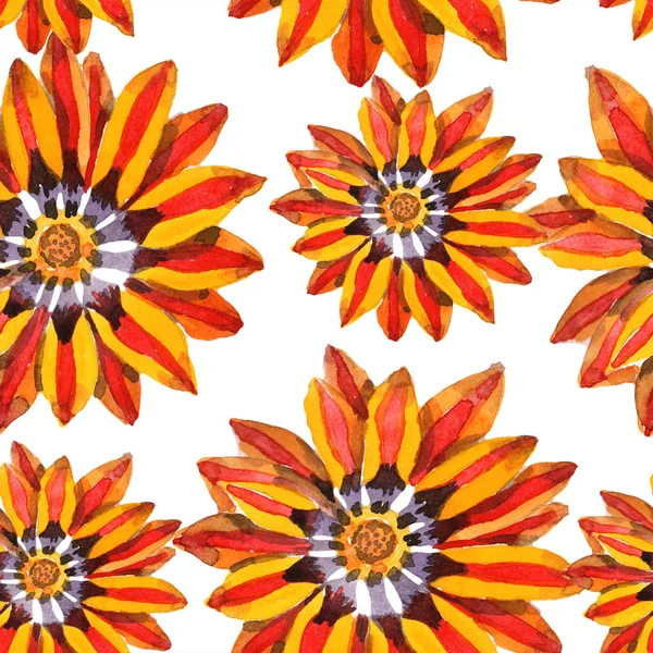 オレンジ ガザニアの花。水彩のシームレスな背景パターン。壁紙印刷手触りの生地. — ストック写真