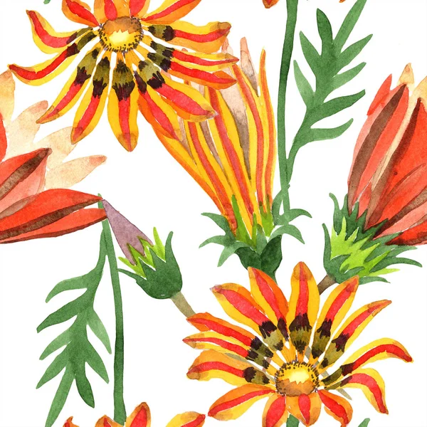 Gazánie oranžový květ. Akvarelu bezešvé pozadí vzorek. Fabric tapety tisku textura. — Stock fotografie