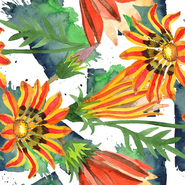 Fleur de gazane orange. Aquarelle motif d'arrière-plan sans couture. Texture d'impression papier peint tissu . — Photo