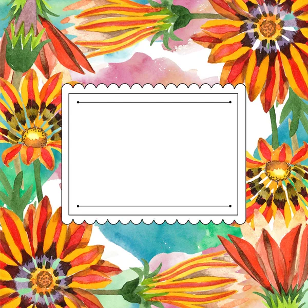 Oranje gazania. Floral botanische bloem. Aquarel achtergrond, frame of grens ornament vierkant. — Stockfoto