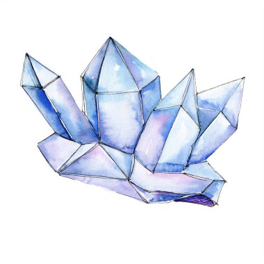 Mavi elmas taş takı mineral. Geometrik çokgen kristal taş izole. Suluboya arka plan illüstrasyon seti.