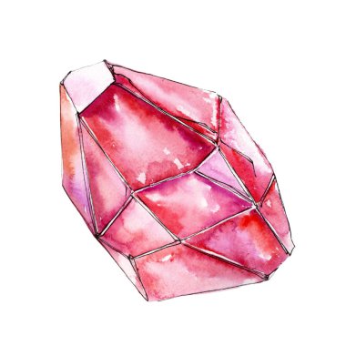 Kırmızı elmas taş takı mineral. Geometrik çokgen kristal taş izole. Suluboya arka plan illüstrasyon seti.