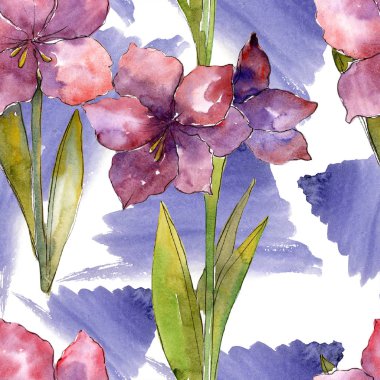 Mor amaryllis çiçek. Suluboya resim kümesi. Sorunsuz arka plan deseni. Kumaş duvar kağıdı yazdırma doku.