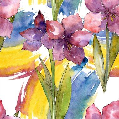 Mor amaryllis çiçek. Suluboya resim kümesi. Sorunsuz arka plan deseni. Kumaş duvar kağıdı yazdırma doku.