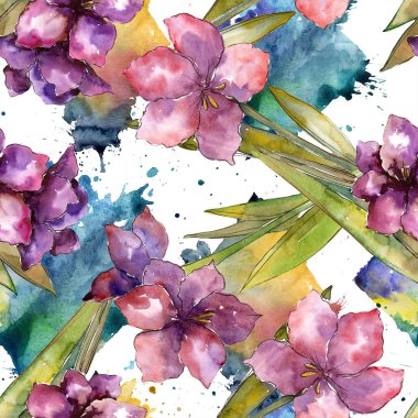 Mor amaryllis çiçek. Suluboya resim kümesi. Sorunsuz arka plan deseni. Kumaş duvar kağıdı yazdırma doku.