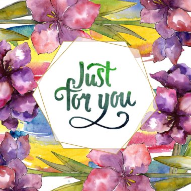 Mor amaryllis çiçek. Sadece senin el yazısı monogram hat için. Suluboya çerçeve geometrik kristal şekli.