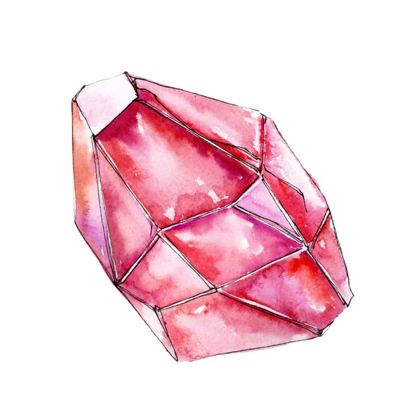 Mineral de jóias de pedra diamante vermelho. Pedra de cristal de polígono geométrico isolado. Conjunto de ilustração de fundo aquarela . — Fotografia de Stock