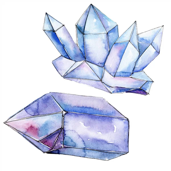 Blue diamond rock jewelry mineral. Isolated geometric polygon crystal stone. Watercolor background illustration set.