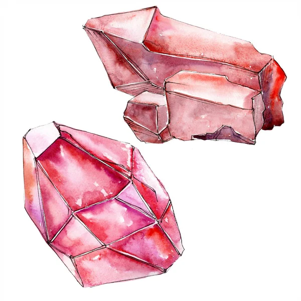 Red diamond rock jewelry mineral. Isolated geometric polygon crystal stone. Watercolor background illustration set. — Stock Photo, Image