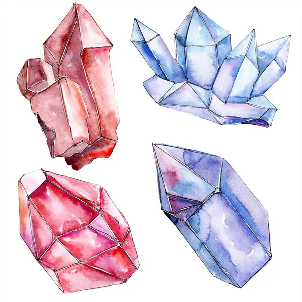 Red and blue diamond rock jewelry mineral. Isolated geometric polygon crystal stone. Watercolor background illustration.