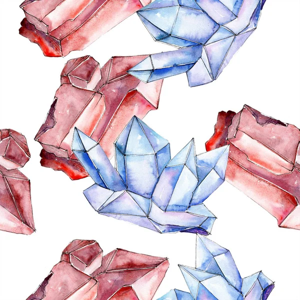 Mineral de cristal vermelho e azul. Fundo sem costura para impressão textura. Pedra de cristal de polígono geométrico aquarela . — Fotografia de Stock