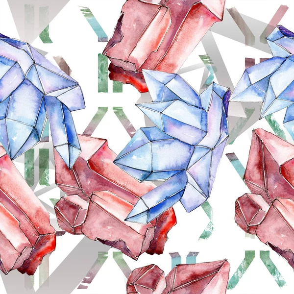 Rode en blauwe kristal mineraal. Naadloze achtergrond voor print textuur. Aquarel geometrische veelhoek kristalsteen. — Stockfoto