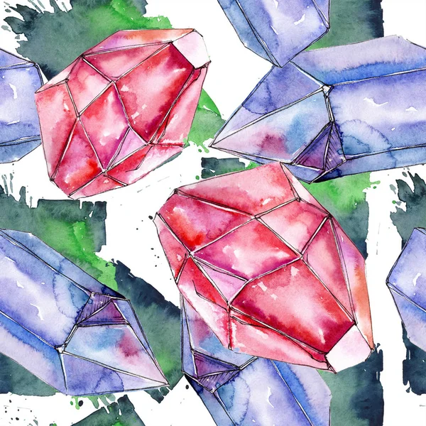 Rode en blauwe kristal mineraal. Naadloze achtergrond voor print textuur. Aquarel geometrische veelhoek kristalsteen. — Stockfoto