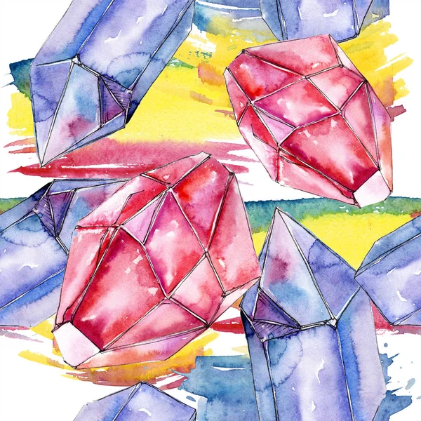Red and blue crystal mineral. Seamless background for print texture. Watercolor geometric polygon crystal stone.