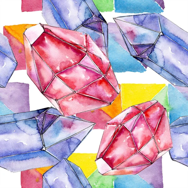 Red and blue crystal mineral. Seamless background for print texture. Watercolor geometric polygon crystal stone.