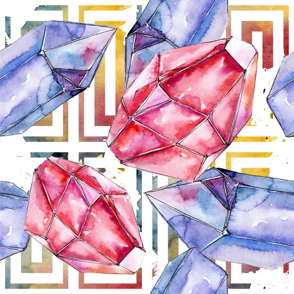 Piros és a kék kristály ásványi. Varratmentes háttérben nyomtatási textúra. Akvarell geometriai sokszög kristály kő. — Stock Fotó