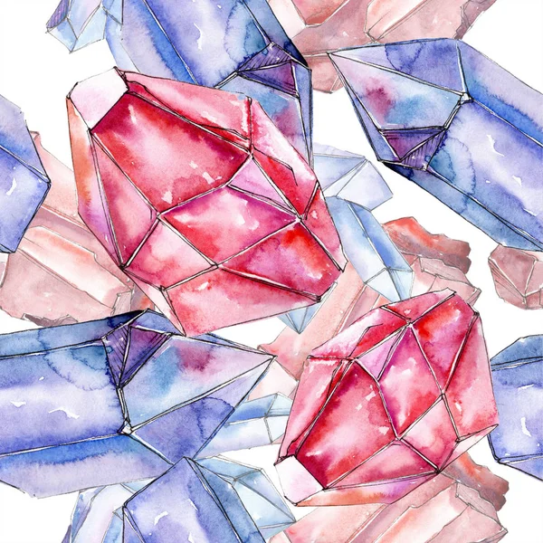 Rotes und blaues Kristallmineral. nahtloser Hintergrund für Drucktextur. Aquarell geometrischer Polygon Kristallstein. — Stockfoto