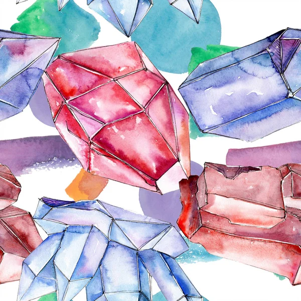 赤と青の結晶鉱物。プリントのテクスチャーのシームレスな背景は。水彩の幾何学的な多角形の水晶石. — ストック写真
