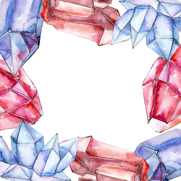 Mineral de cristal de diamante vermelho e azul. Quadro borda ornamento quadrado. Pedra de cristal de polígono geométrico aquarela . — Fotografia de Stock