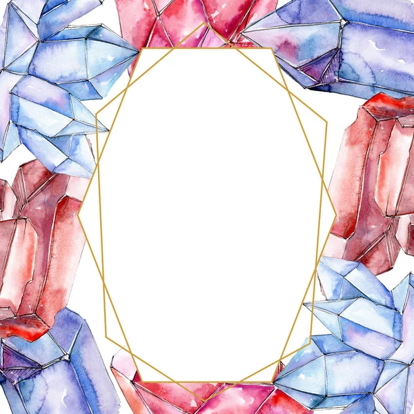 Mineral de cristal de diamante vermelho e azul. Quadro borda ornamento quadrado. Pedra de cristal de polígono geométrico aquarela . — Fotografia de Stock