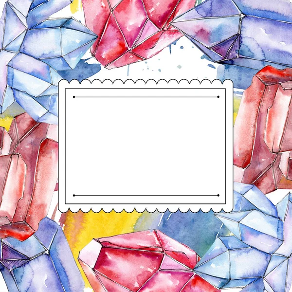 Rode en blauwe diamant kristallen mineraal. Frame grens ornament vierkant. Frame grens aquarel sieraad. — Stockfoto