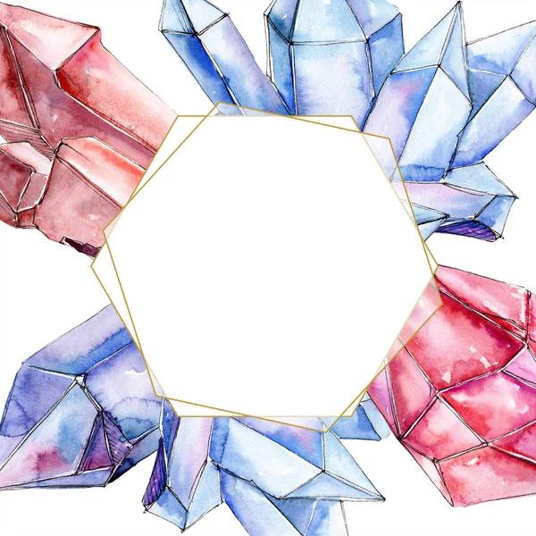 Red and blue diamond crystal mineral. Frame border ornament square. Watercolor geometric polygon crystal stone. — Stock Photo, Image