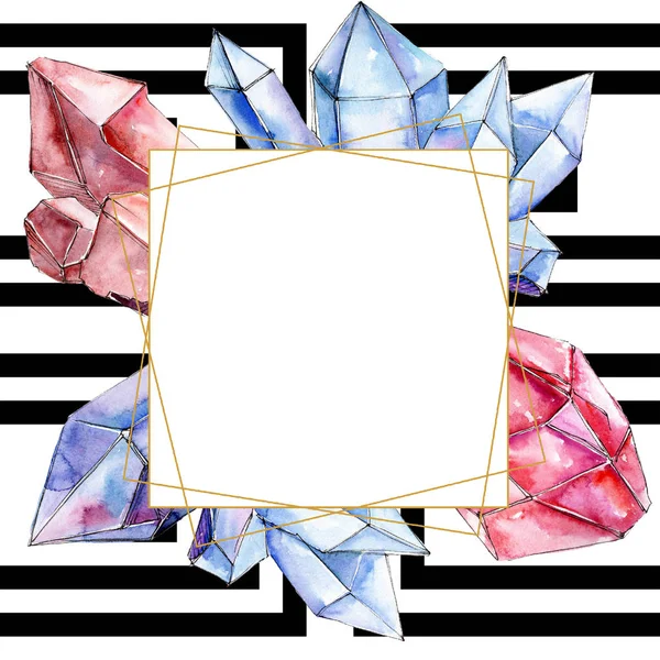 Roter und blauer Diamant Kristallmineral. Rahmen Bordüre Ornament Quadrat. Aquarell geometrischer Polygon Kristallstein. — Stockfoto